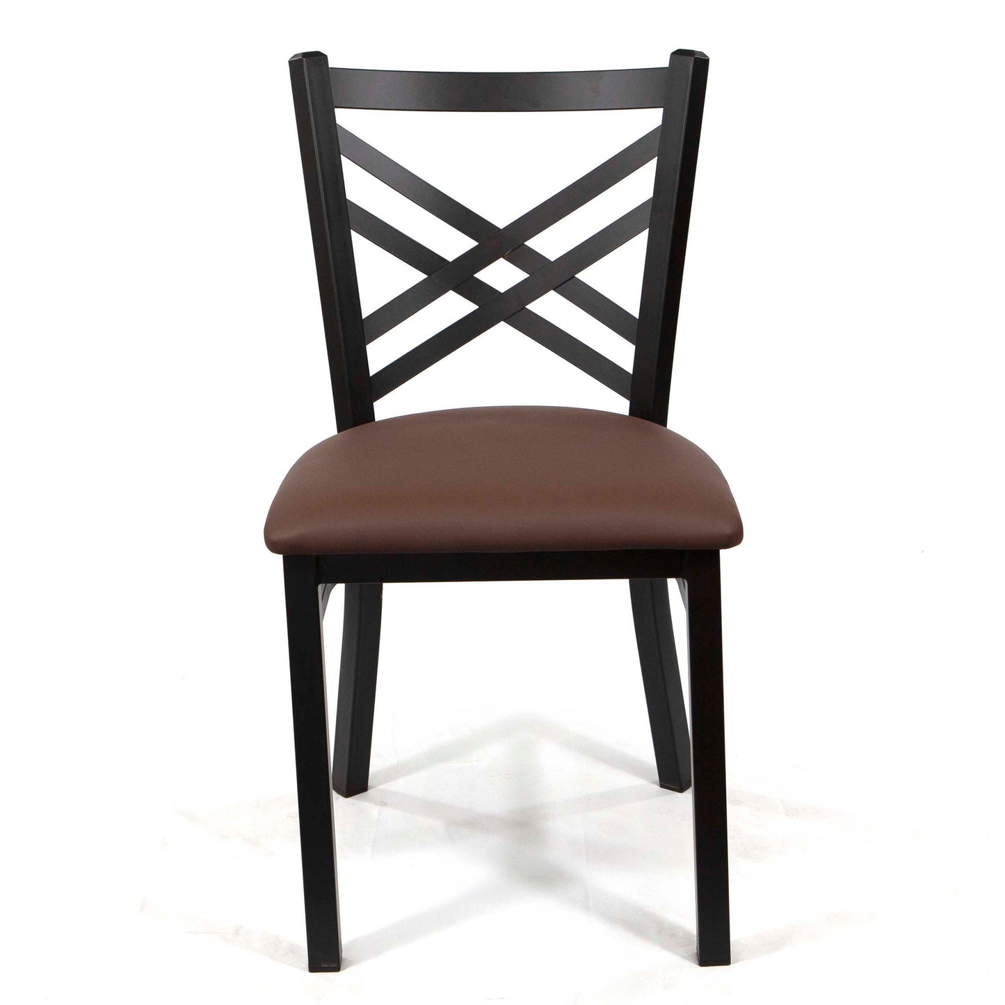 Double Cross Back Restaurant Chair, Black Metal Frame with Coffee Color Leather Seats #CK8029-BL1CF