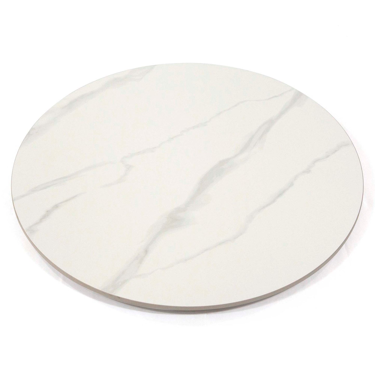 Round white plate with grayish-white marbled pattern on a white background