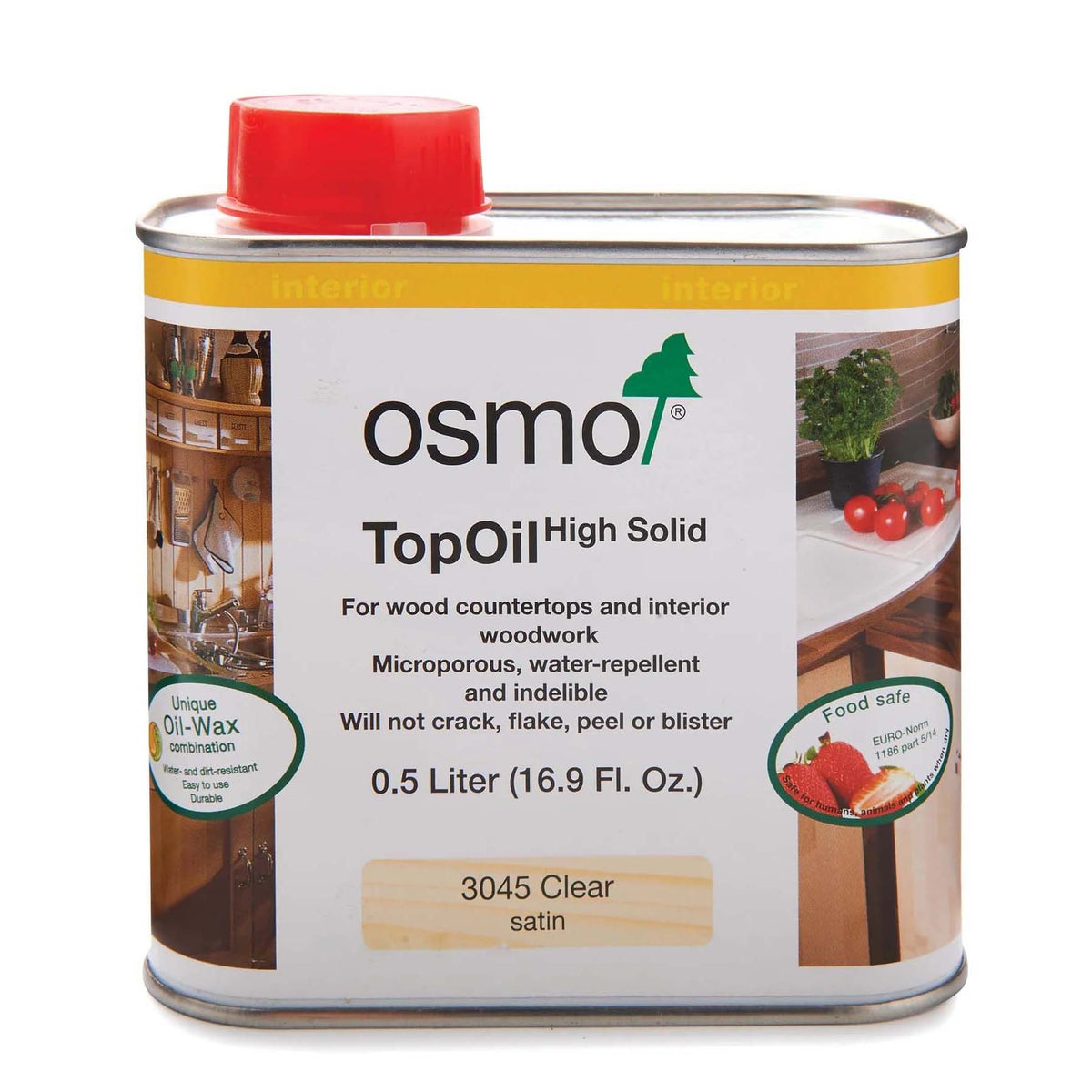 A can of OSMO TopOil 3045 Clear Satin wood finish with a red cap on a white background.