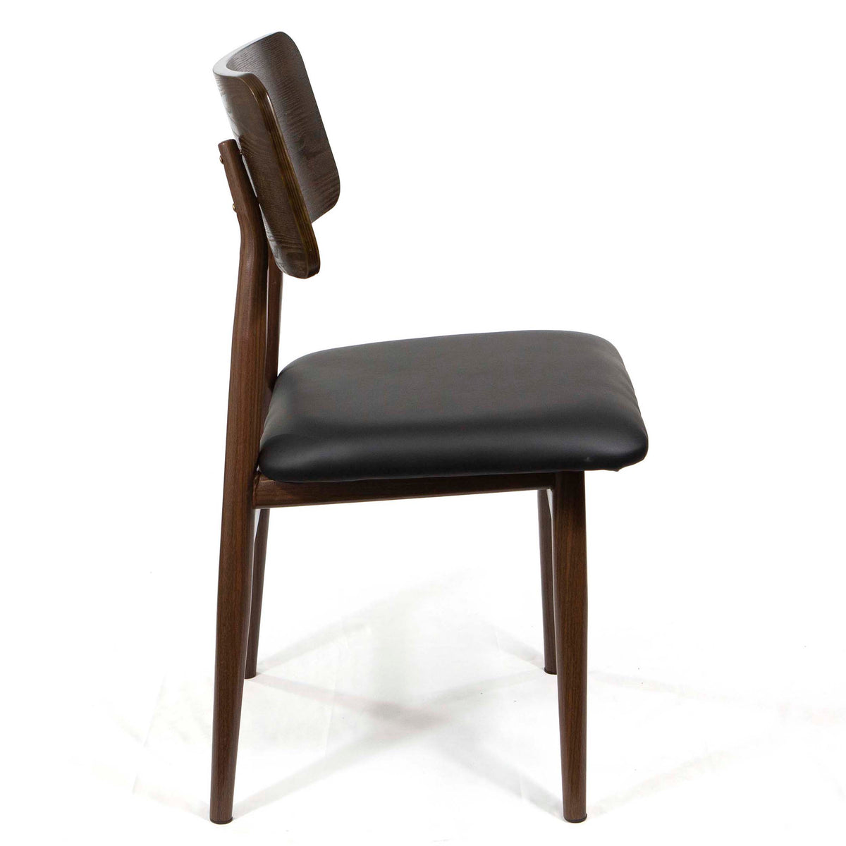 A mid-century modern wooden dining chair with a dark brown wood frame and a black upholstered seat and backrest, shown from a three-quarter angle on a white background.