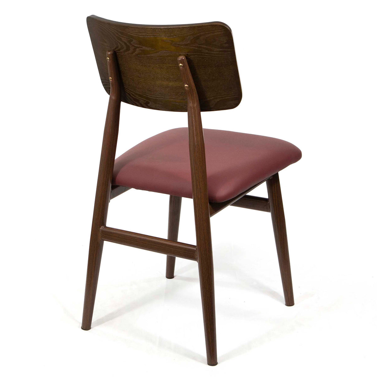 A mid-century modern dining chair with a dark brown wooden frame, backrest, and legs, paired with a dusty rose pink upholstered seat cushion, shown on a white background.