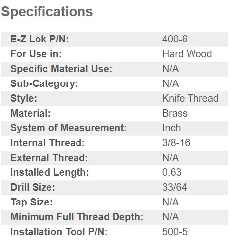 EZ-400-6 E-Z Lok Threaded Insert, Brass, Knife Thread, 3/8-16 (Pack o –  RustyDesign