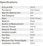 EZ-400-6 E-Z Lok Threaded Insert, Brass, Knife Thread, 3/8"-16 (Pack of 10)