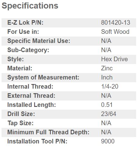EZ-801420-13 E-Z Hex™ Threaded Insert for Soft Wood - Flush - 1/4-20 x 13mm (Pack of 100)