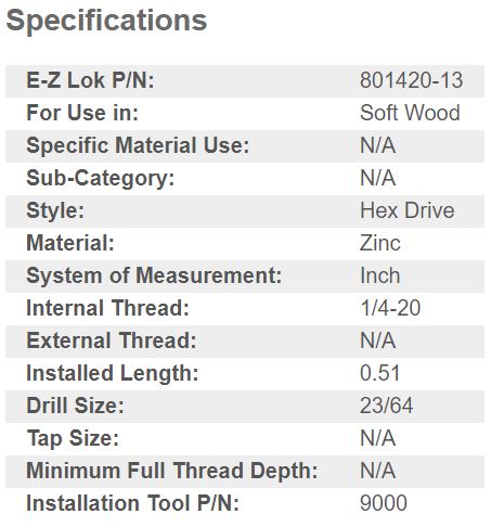 EZ-801420-13 E-Z Hex™ Threaded Insert for Soft Wood - Flush - 1/4-20 x 13mm  (Pack of 100)