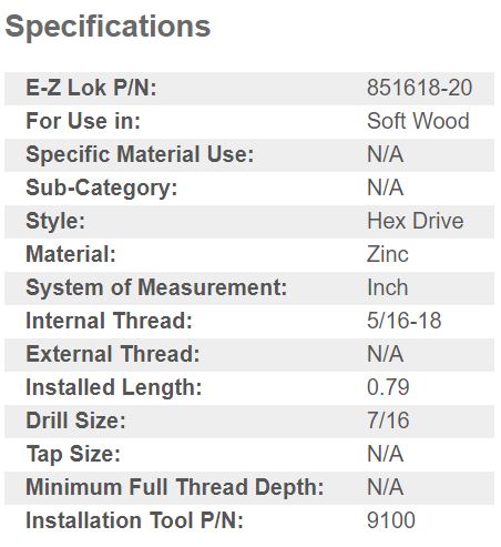 EZ-851618-20 E-Z Hex™ Threaded Insert for Soft Wood - Flush - 5/16-18 x  20mm (Pack of 50)