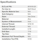EZ-851618-20 E-Z Hex™ Threaded Insert for Soft Wood - Flush - 5/16-18 x 20mm (Pack of 50)