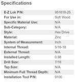 EZ-951618-25 E-Z Hex™ Threaded Insert for Soft Wood - Flanged - 5/16-18 x 25mm (Pack of 25)
