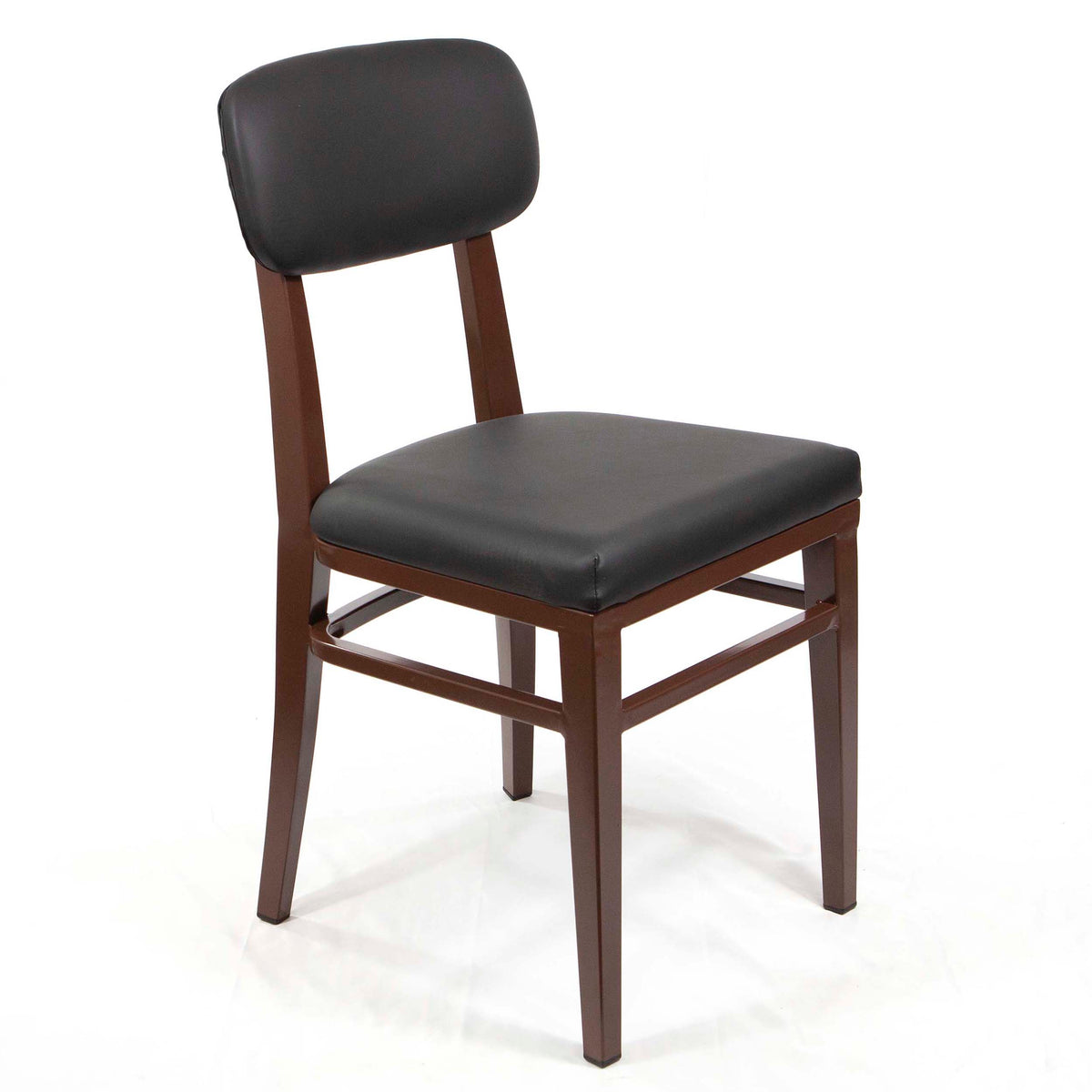 A modern dining chair with a black faux-leather upholstered seat and backrest, supported by a dark brown wooden frame, shown on a white background.