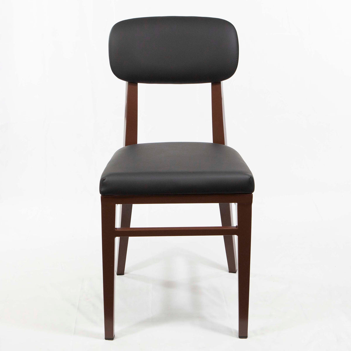 A modern dining chair with a black faux leather upholstered seat and backrest, supported by a dark brown wooden frame, shown against a plain white background.