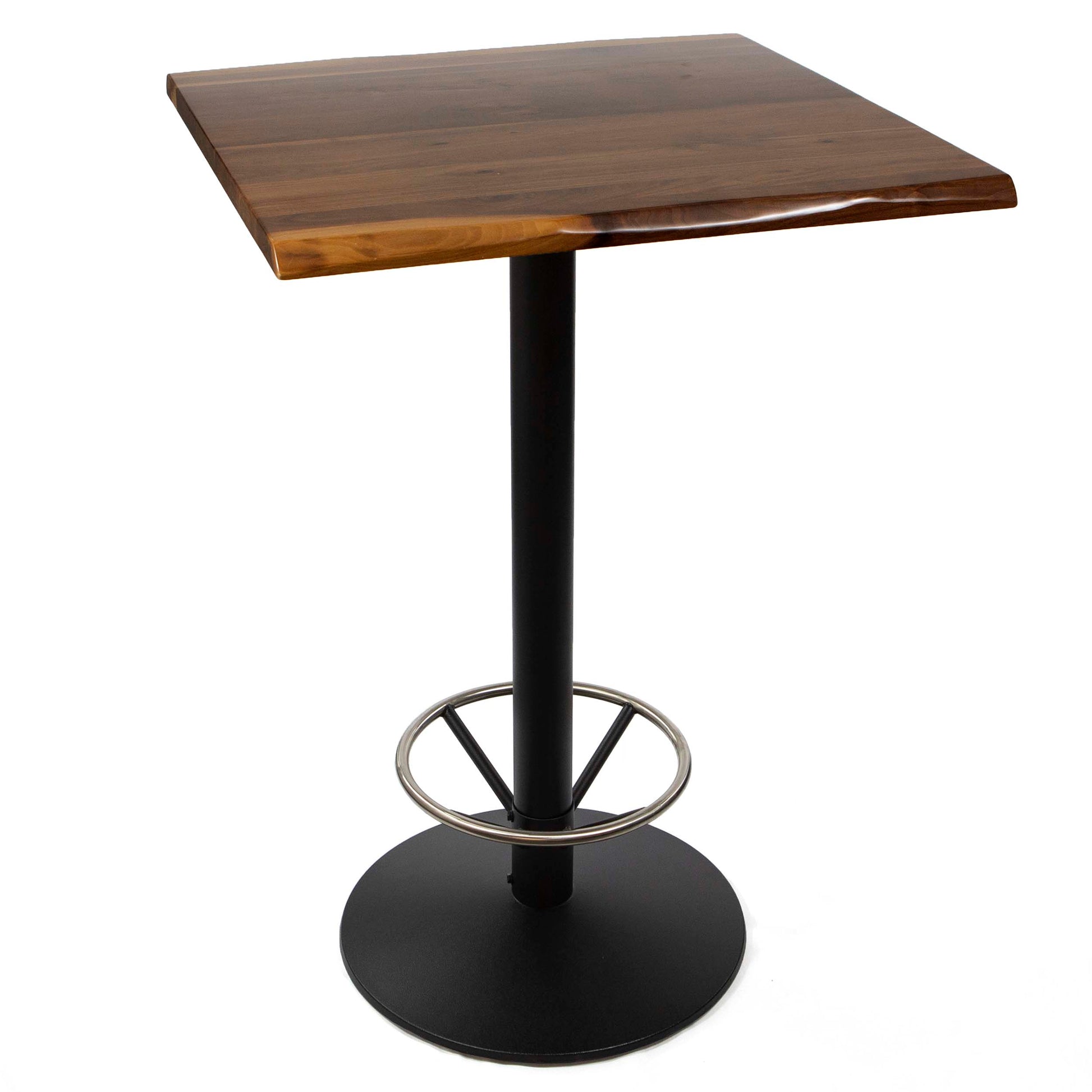 30" x 30" solid black walnut bar height bistro table with footrest