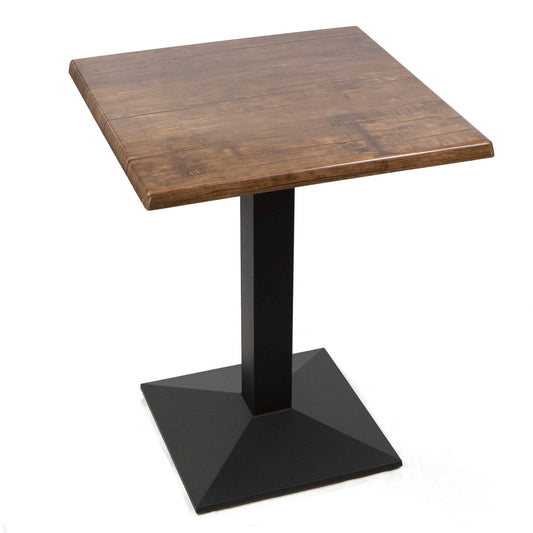 Square table with wooden top and black metal base on a white background