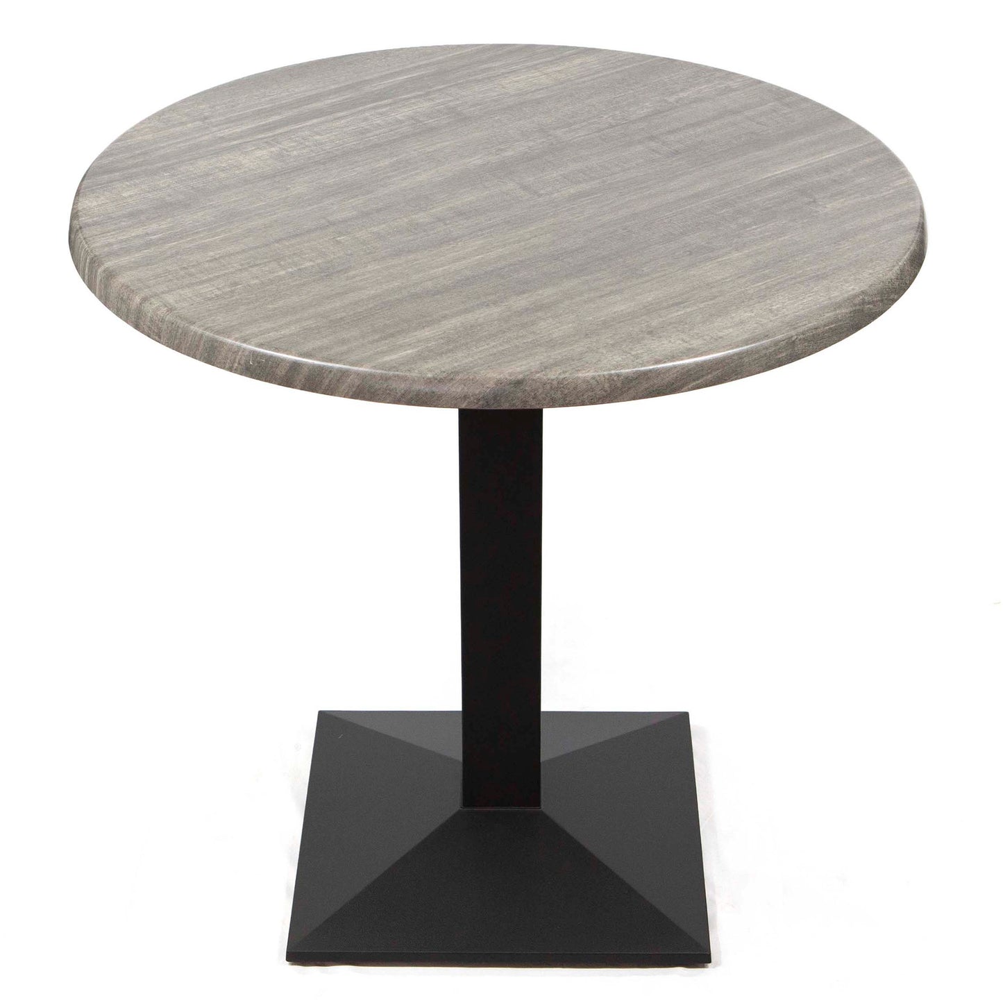 Round table with gray marble top and black square base on a white background