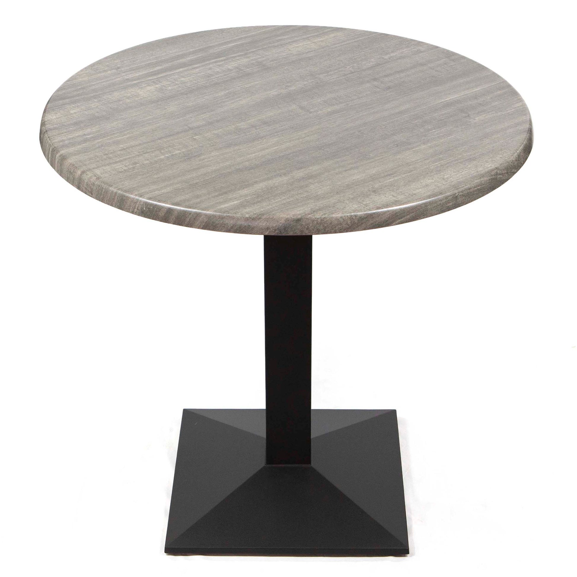 Round table with gray marble top and black square base on a white background
