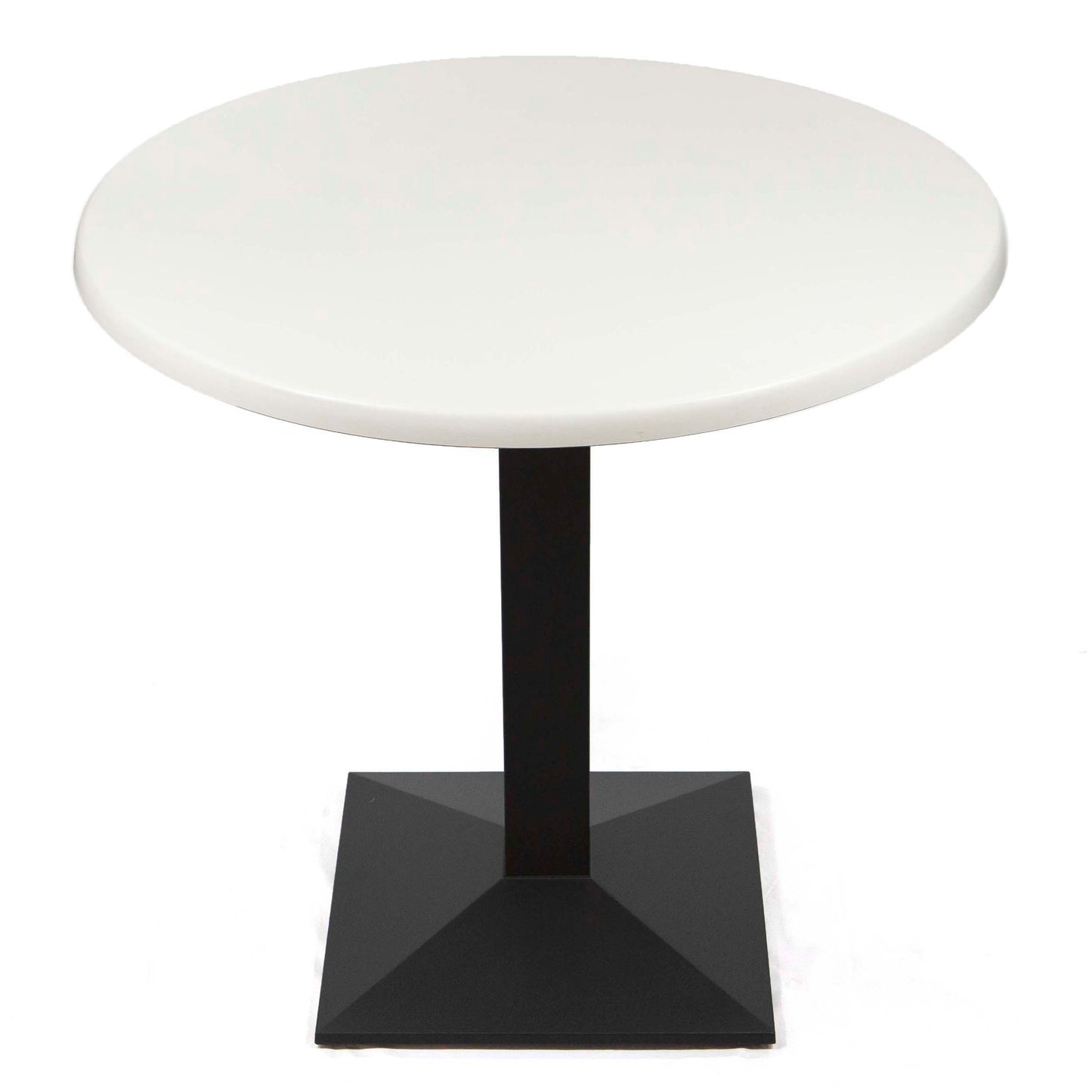 Round white table with a black square base on a white background