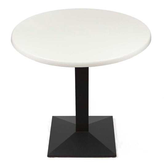 Round white table with a black square base on a white background