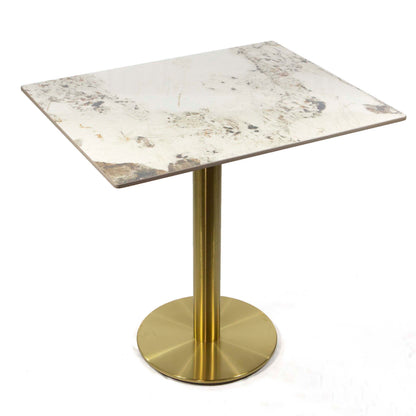 white sintered stone restaurant tables, with gold color base