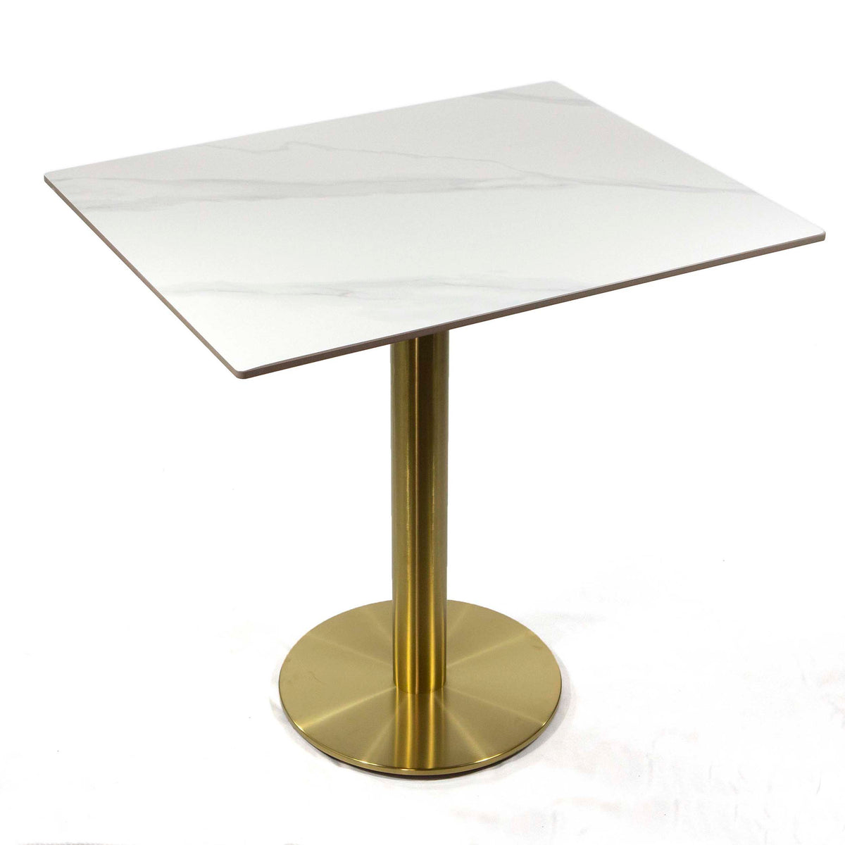 white sintered stone restaurant tables, with gold color base