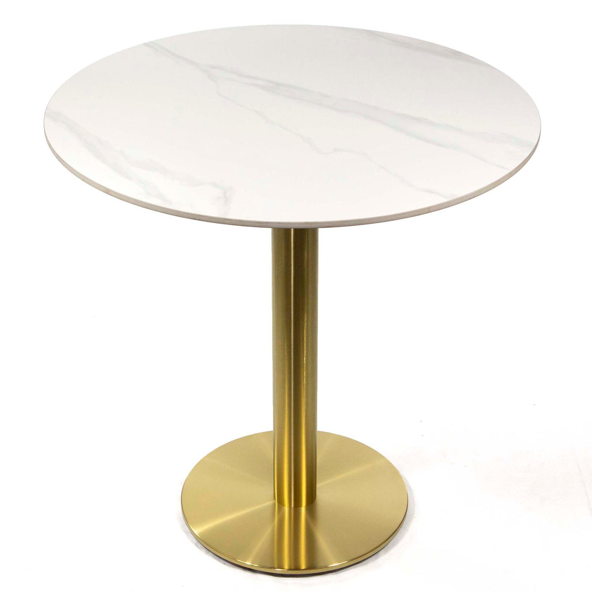 white round sintered stone restaurant cafe table, with gold color base