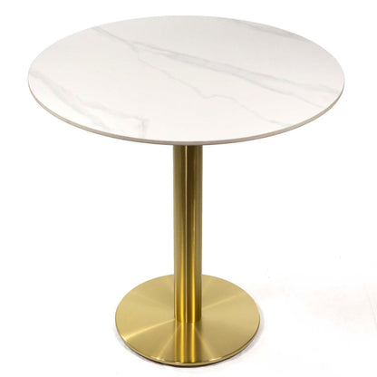 white round sintered stone restaurant cafe table, with gold color base