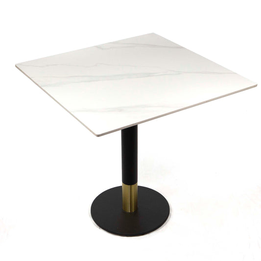 white sintered stone restaurant tables