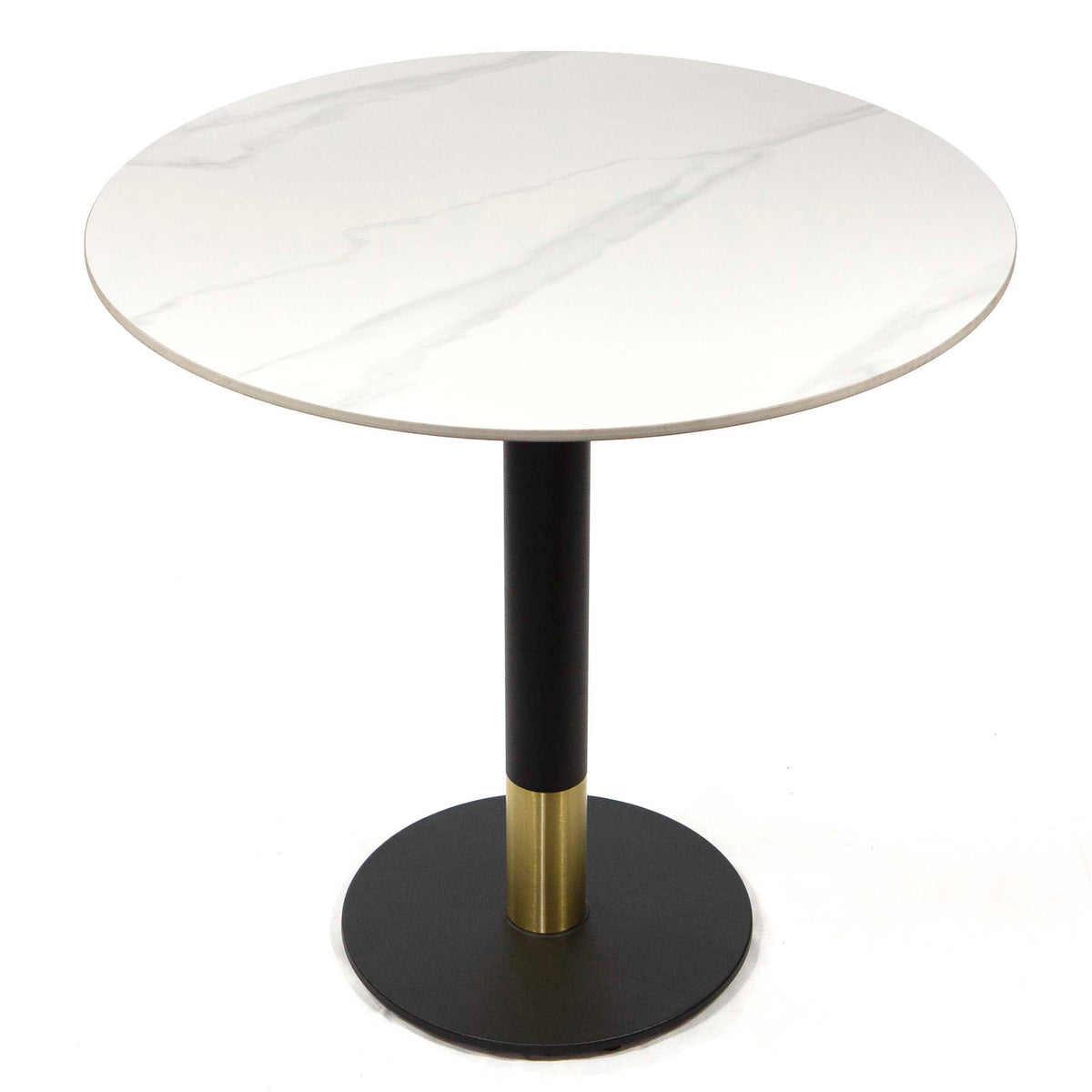 white round sintered stone restaurant cafe tables, with gold color base
