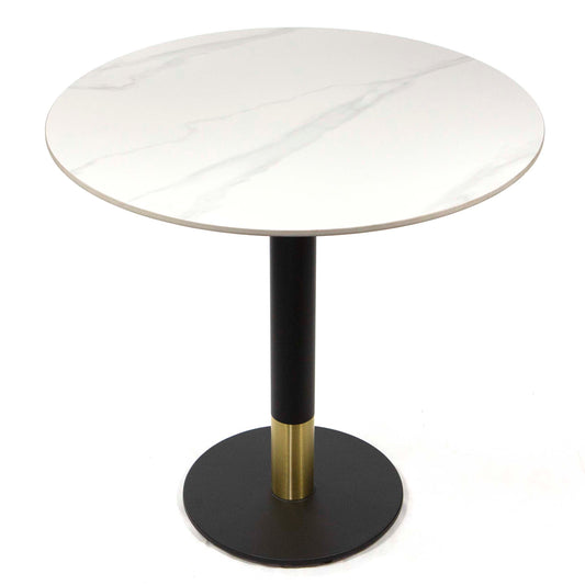 white round sintered stone restaurant cafe tables, with gold color base