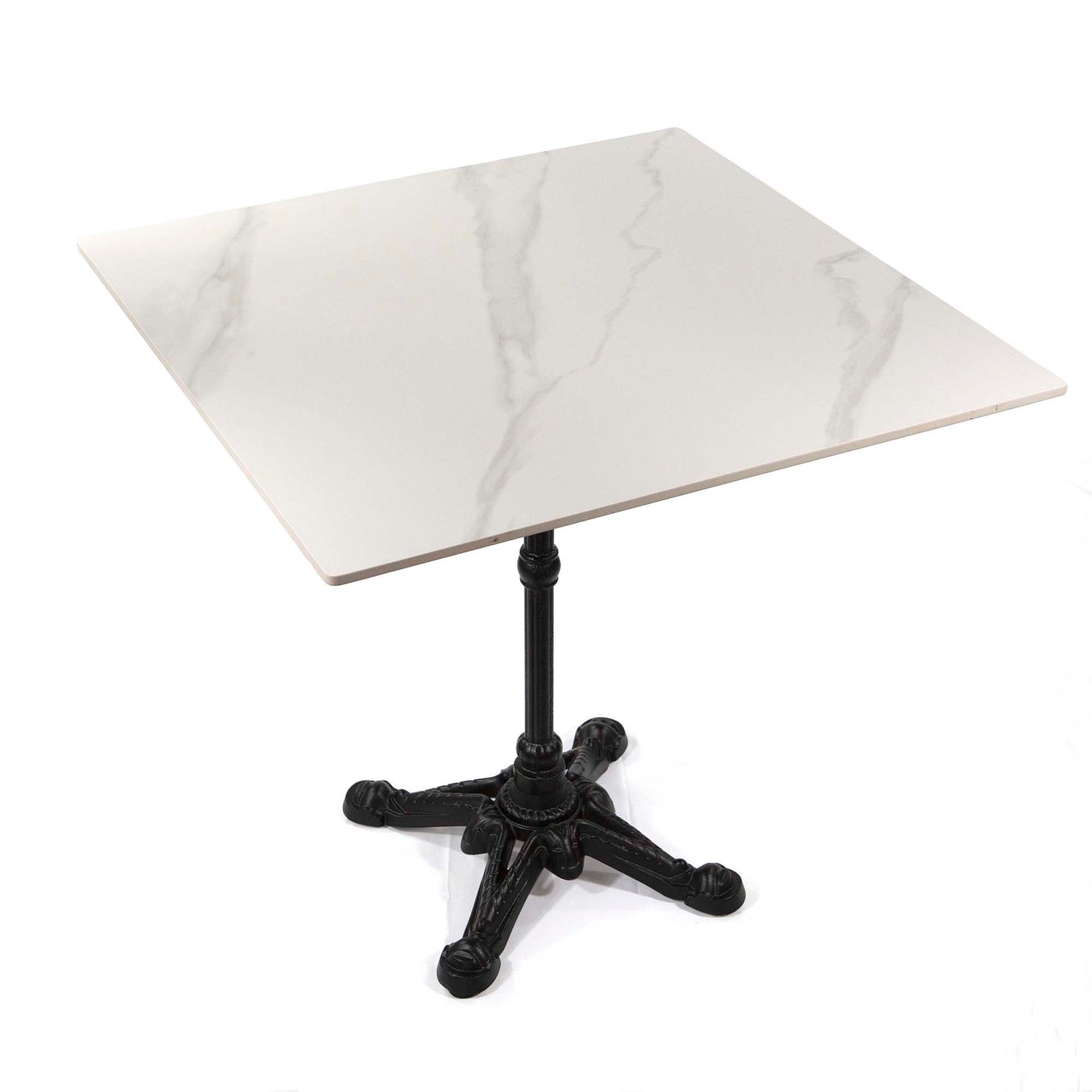 Small table with marble-like top and black metal base on a white background