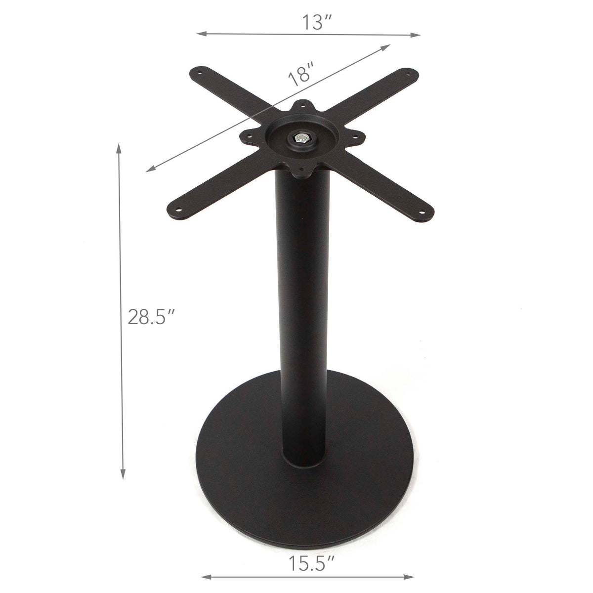 Black metal table pedestal base with dimension markings showing 28.5 inches height, 13 inches top spread, 18 inches center spread, and 15.