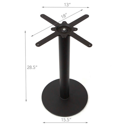 Black metal table pedestal base with dimension markings showing 28.5 inches height, 13 inches top spread, 18 inches center spread, and 15.