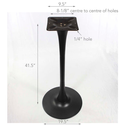 Black metal pedestal table base with dimension annotations showing a height of 41.5 inches, base diameter of 19.