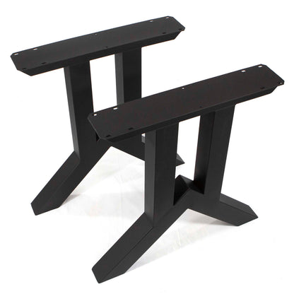 Two black metal table legs on a white background
