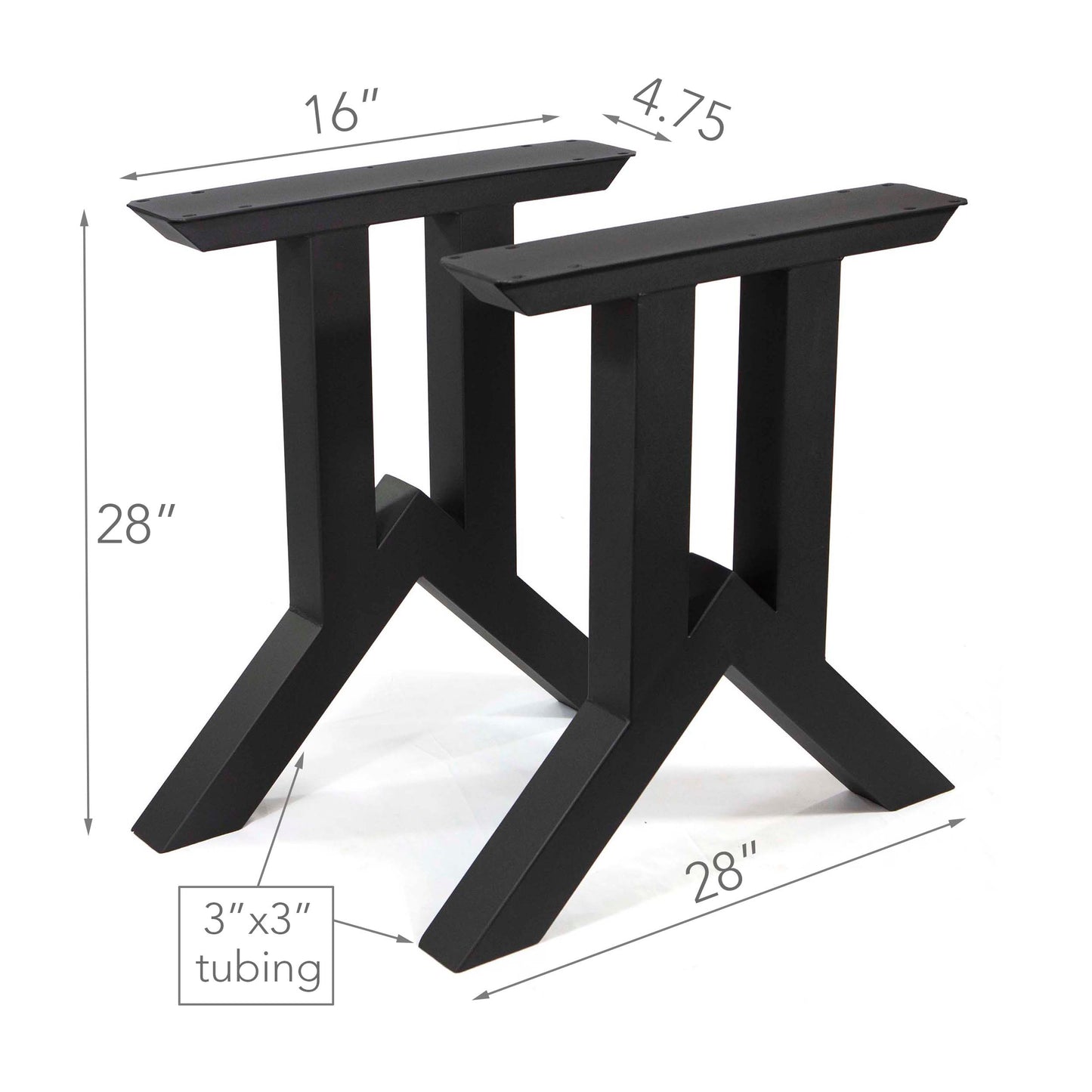 Black metal table legs with dimensions labeled on a white background