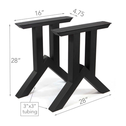 Black metal table legs with dimensions labeled on a white background