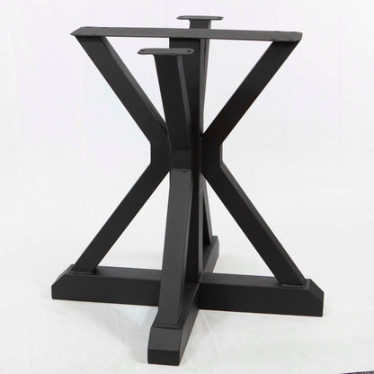 Black metal table base with X-shaped design on a white background