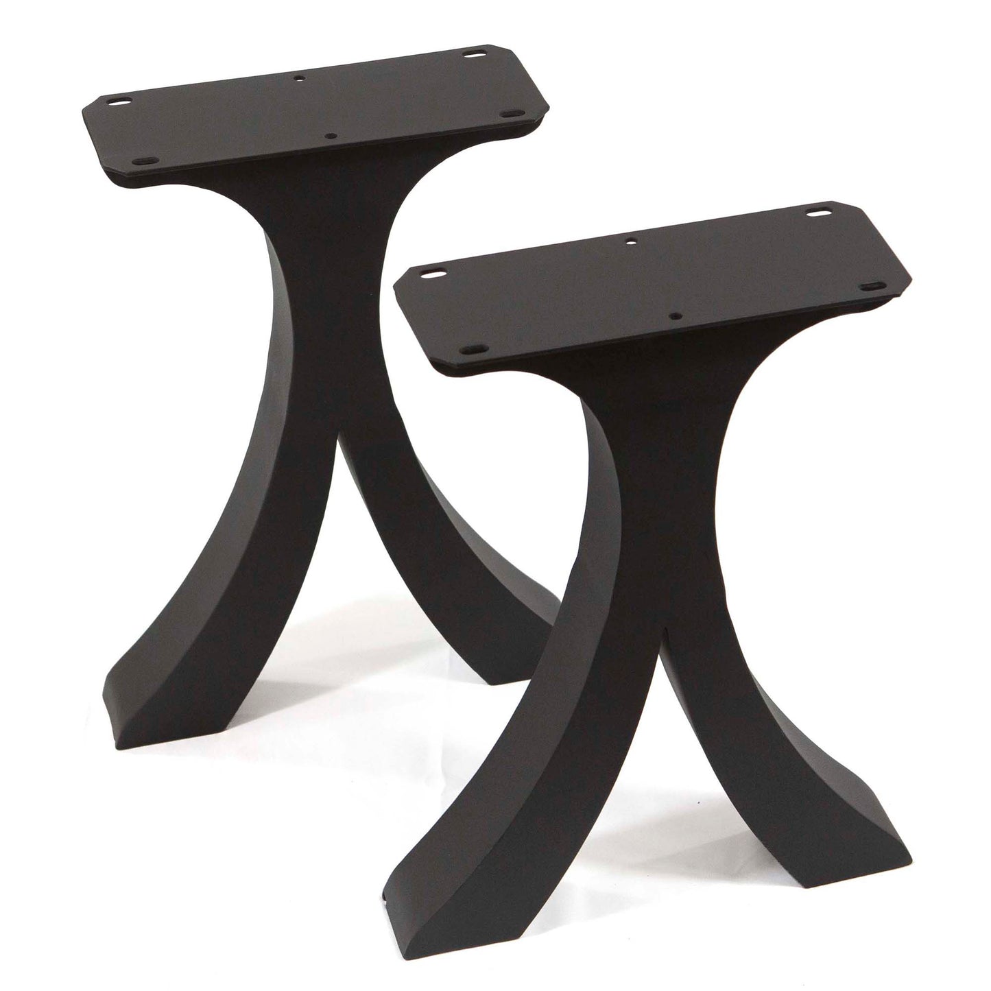 Two black metal table legs on a white background
