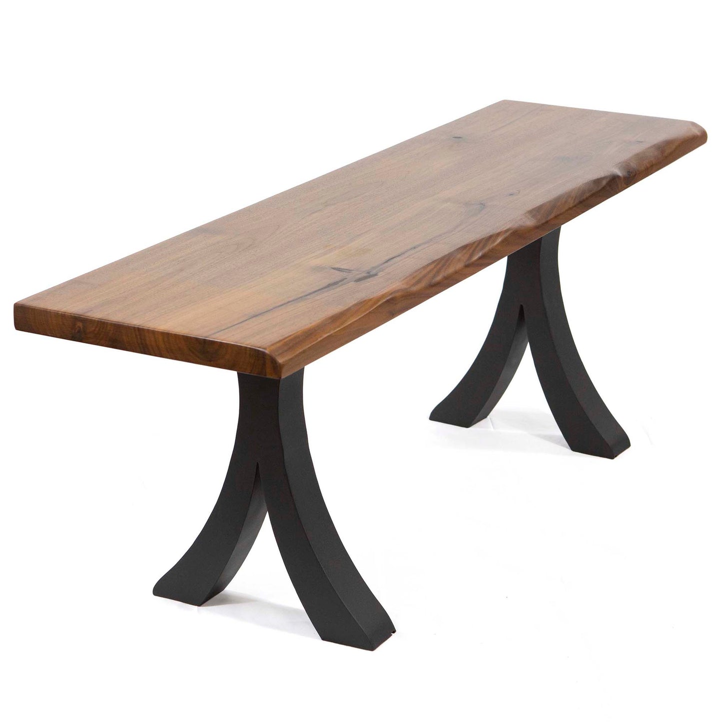 Wooden bench with black metal legs on a white background