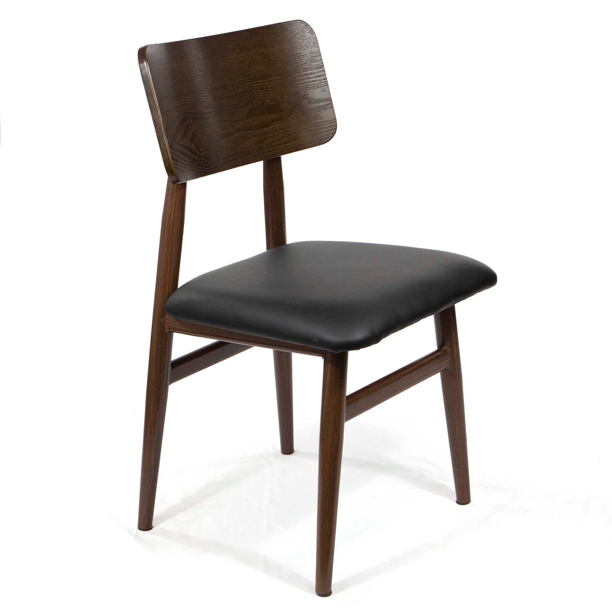 A mid-century modern side chair with a dark brown wood frame, a slanted backrest, and a black upholstered seat cushion, shown on a white background.