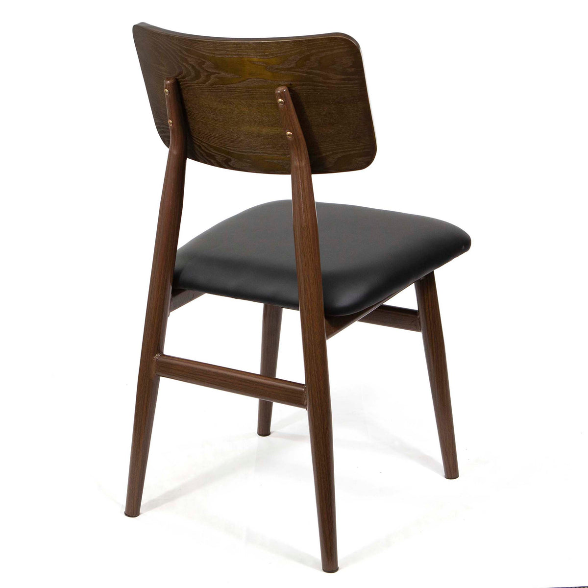 A mid-century modern dining chair with a dark brown wood frame, a curved backrest, and a black upholstered seat cushion, shown from a three-quarters angle on a white background.