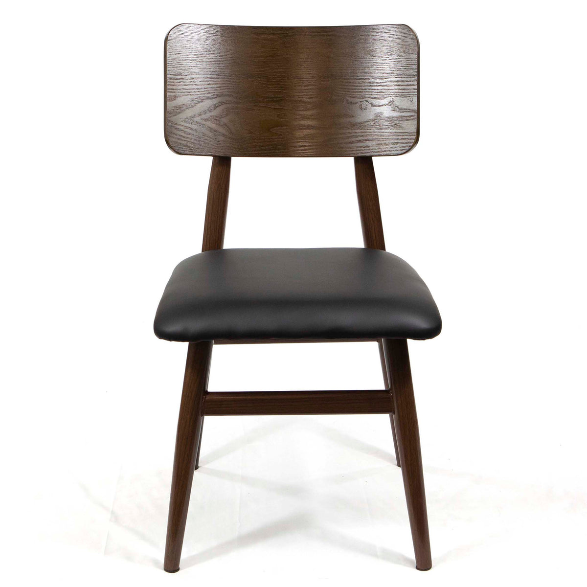 A mid-century modern dining chair with a dark brown wood frame, a rectangular backrest, and a black upholstered seat cushion, shown against a plain white background.
