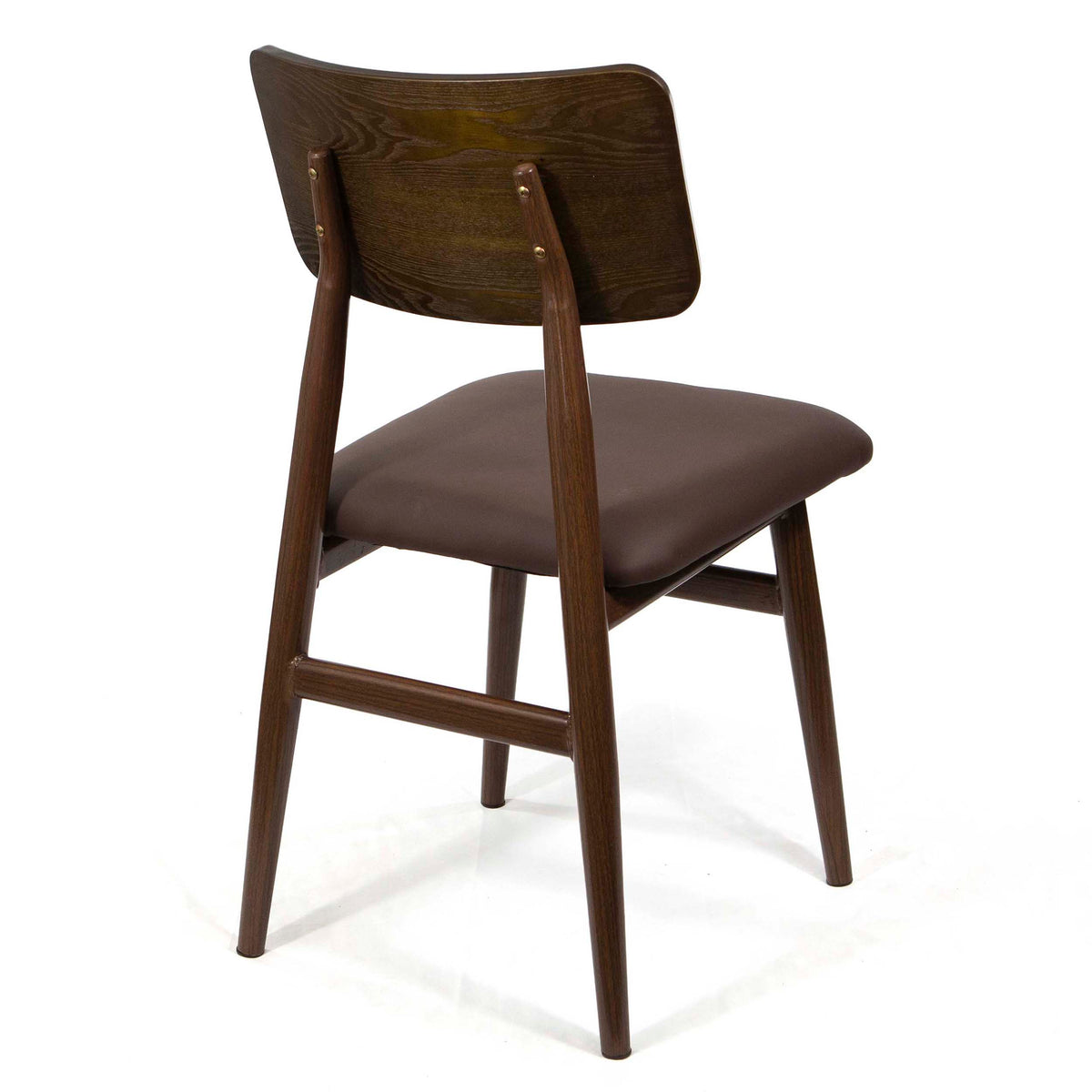A mid-century modern dining chair with a dark brown wood frame, a curved backrest, and a brown upholstered seat cushion, shown from a three-quarters angle on a white background.