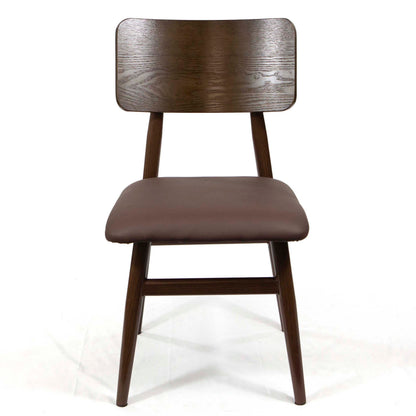 A mid-century modern dining chair with a dark brown wood frame, a rectangular backrest, and a cushioned brown upholstered seat, shown against a plain white background.