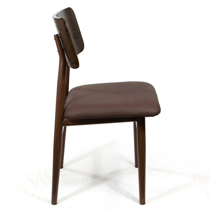 A mid-century modern dining chair with a dark brown upholstered seat and backrest on a dark wood frame, shown from a side profile against a white background.