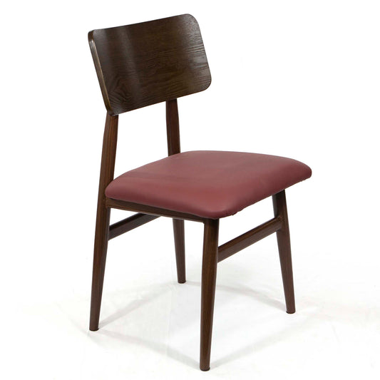 A mid-century modern dining chair featuring a dark brown wood frame with tapered legs and a curved backrest, paired with a dusty rose upholstered seat cushion, shown against a plain white background.