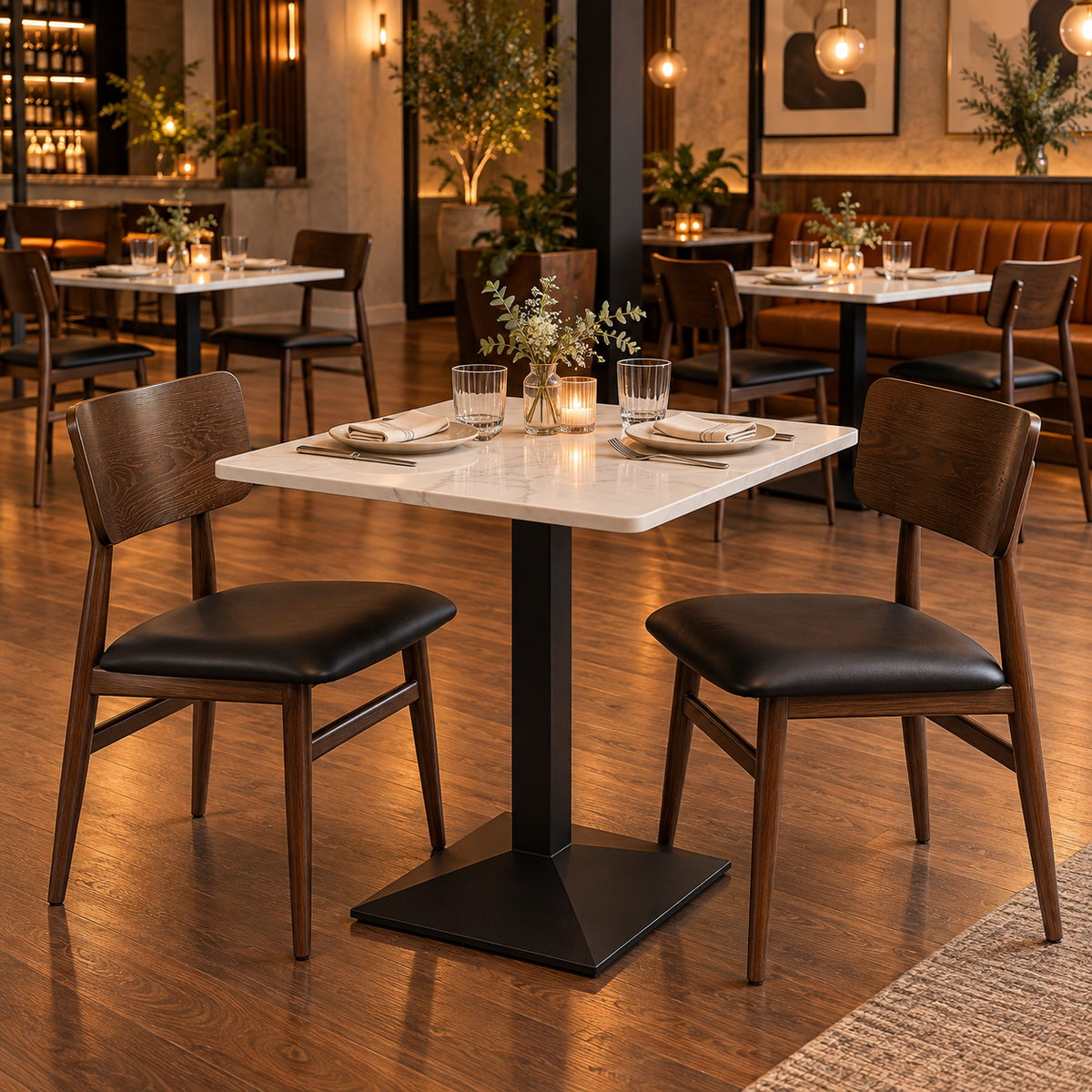 A square restaurant table with a white marble-look top and black pedestal base, surrounded by two dark wood chairs with black upholstered seats in a warmly lit dining room.