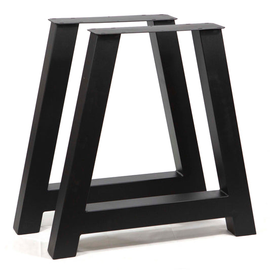 Two black metal A-frame dining table legs shown on a clean white background.