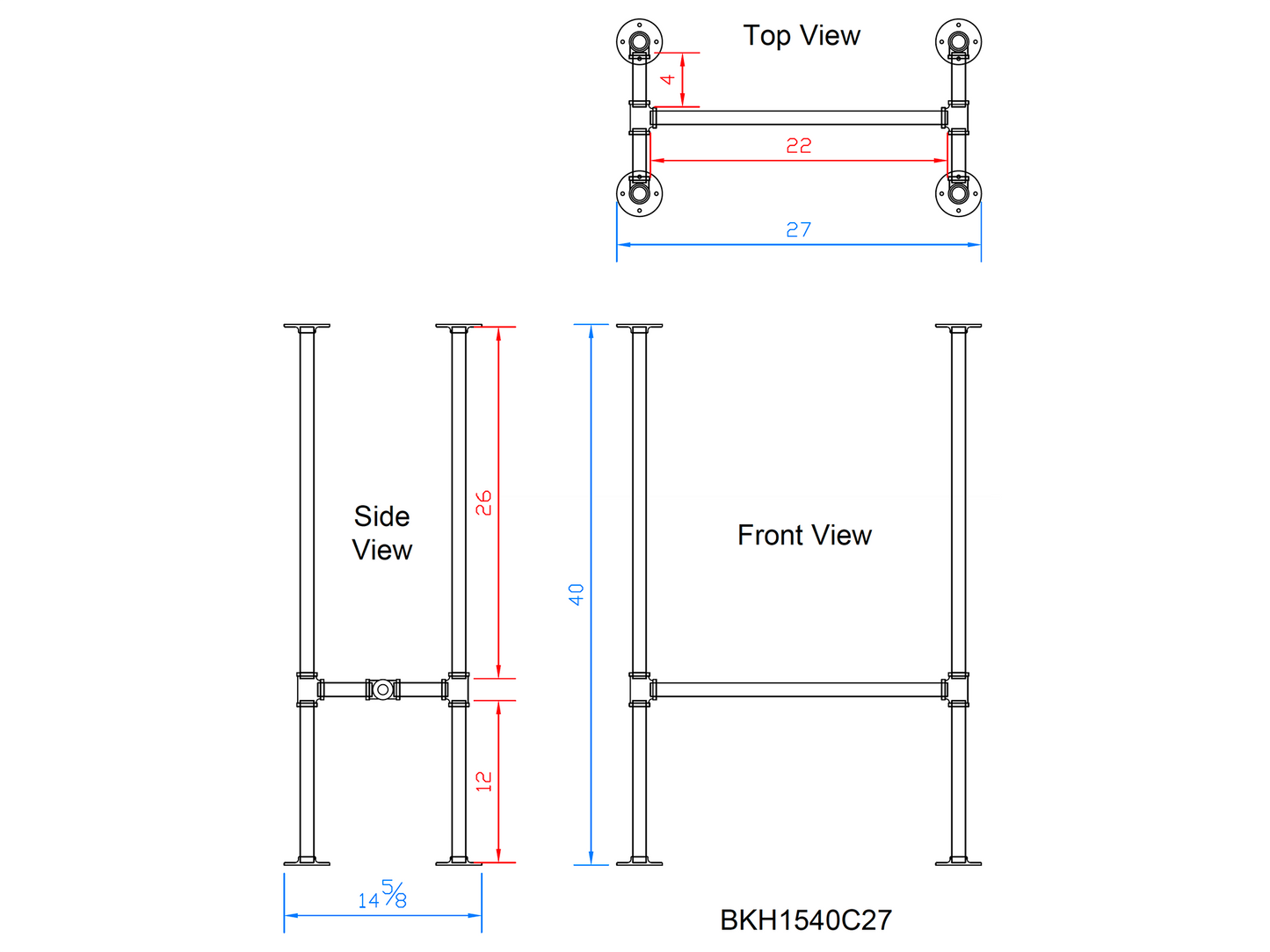 H40" x W15", Pipe Table Legs for Bar Table, 1 Set, #BKH1540C