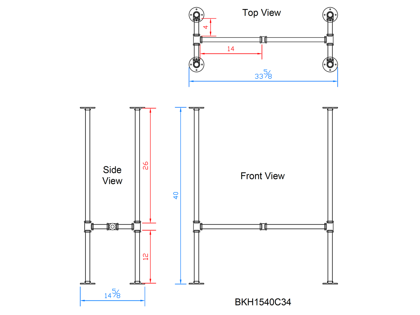 H40" x W15", Pipe Table Legs for Bar Table, 1 Set, #BKH1540C