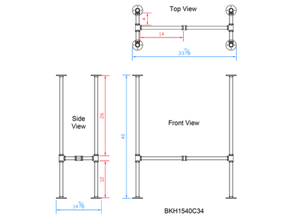 H40" x W15", Pipe Table Legs for Bar Table, 1 Set, #BKH1540C