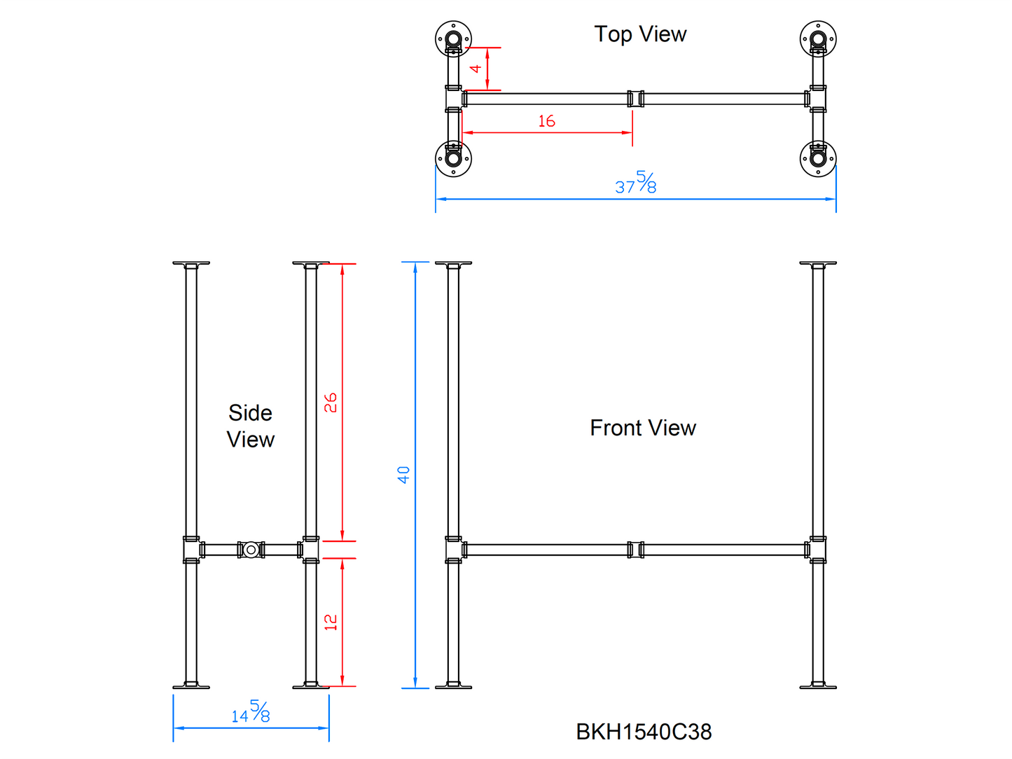 H40" x W15", Pipe Table Legs for Bar Table, 1 Set, #BKH1540C